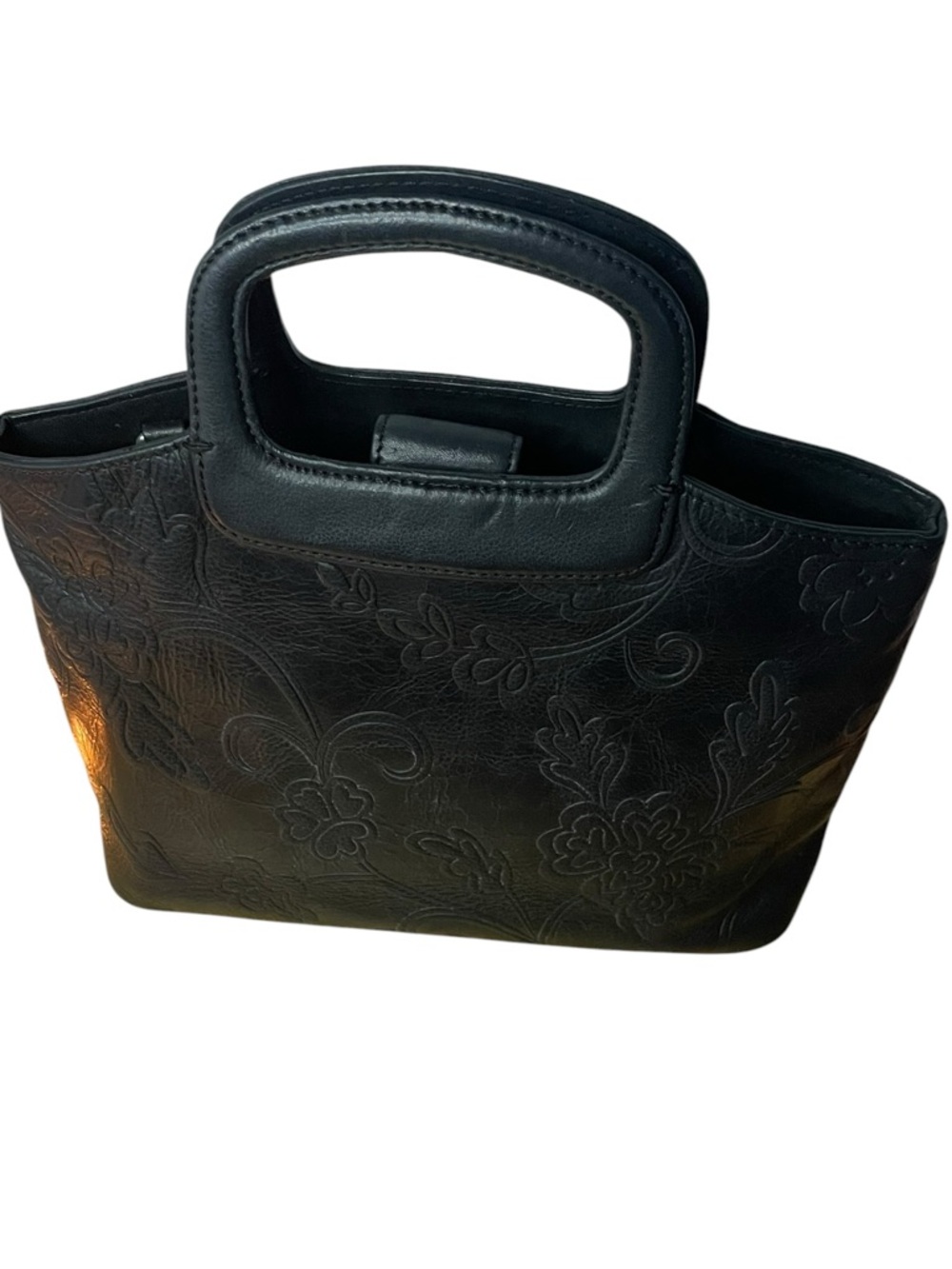 Vintage Fossil Black Tooled Leather Floral Tote Bag - Embossed Boho Handbag